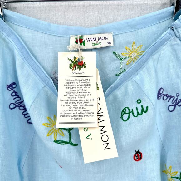 FANM MON X CLARE V Didom Maxi Skirt Womens XS Blue Embroidered Linen Ruffled - Picture 10 of 14